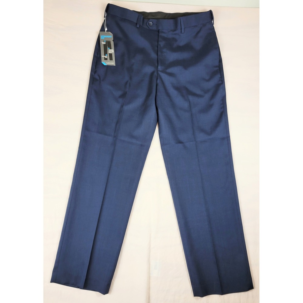 Savane Mens Stretch Crosshatch Dress Pants 32x30 Navy Blue Straight Fit NWT